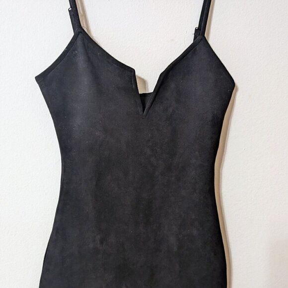 Nasty Gal Black Suede Deep V Spaghetti Strap Dress Slit XS - Picture 4 of 5